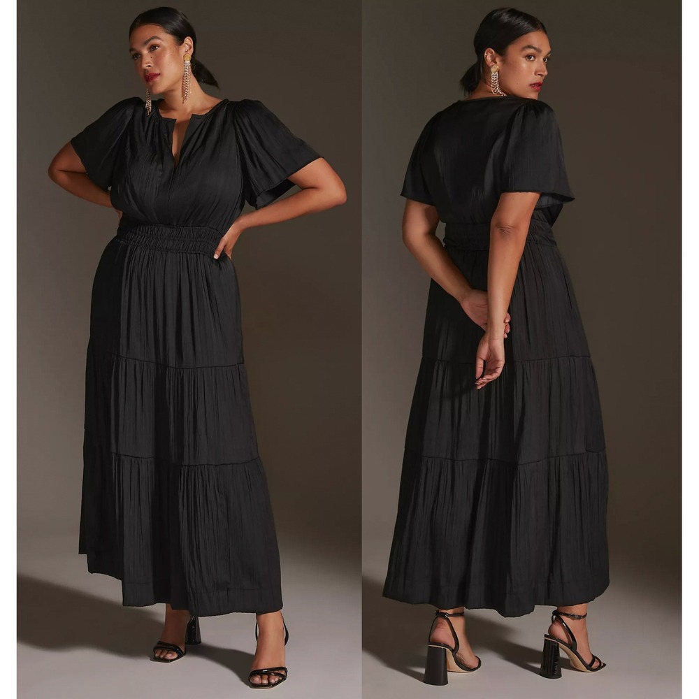 Anthropologie Somerset Maxi Dress Black 1X Plus Tiered Flutter Sleeve Pocket NWT